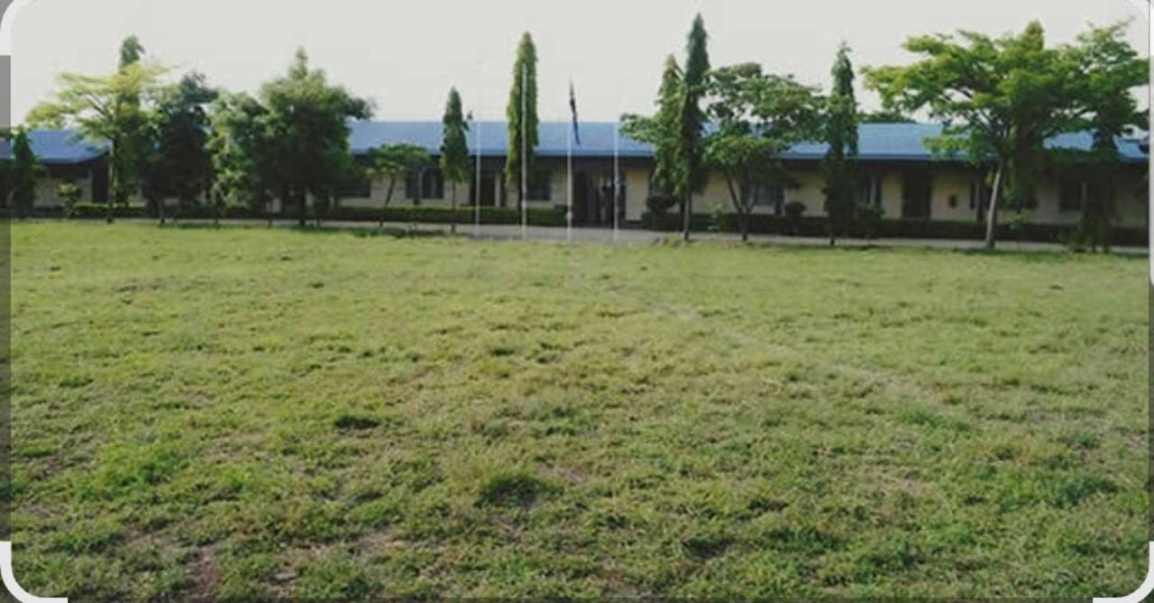 Established Joyland school building beyond an open lawn, mature trees and flagpoles