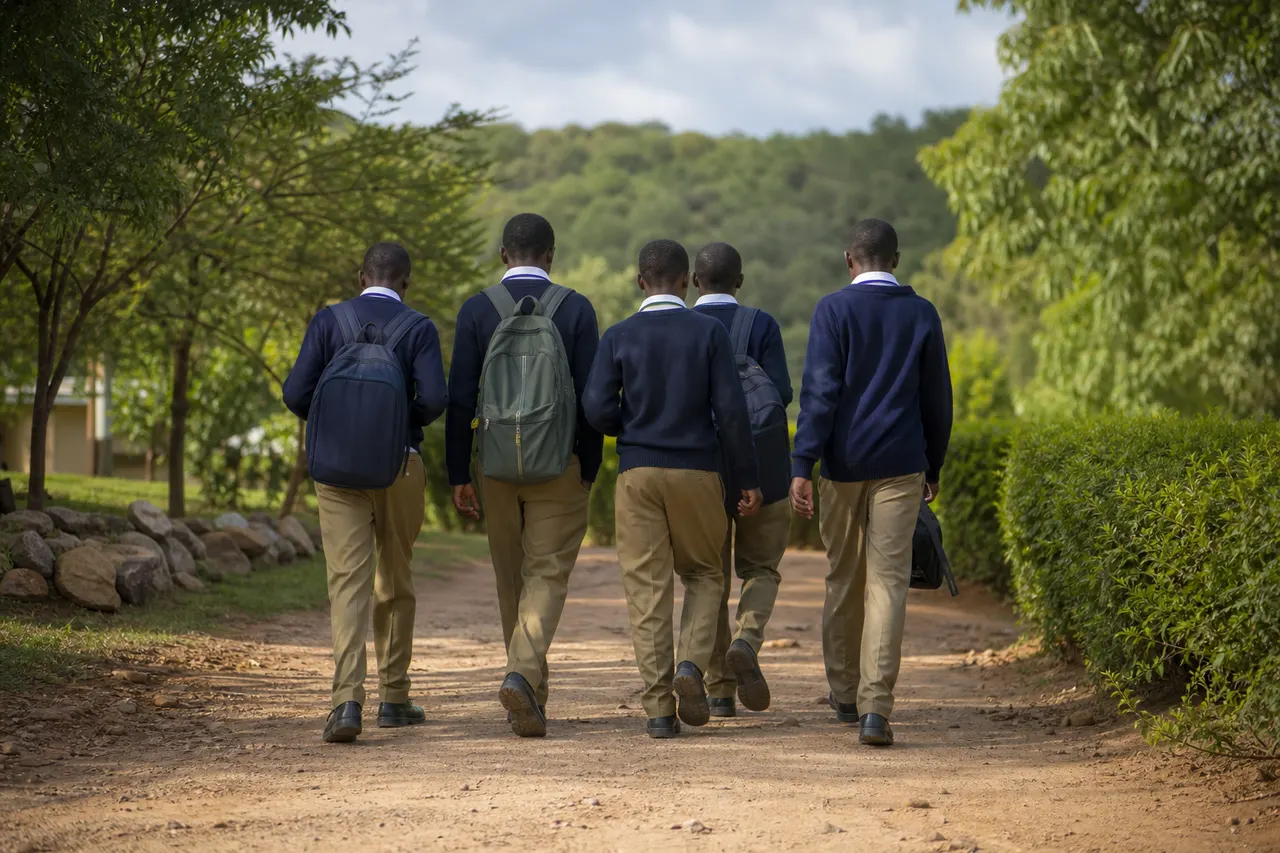 Illustrative rear view of Tanzanian secondary-school students walking together along a green path